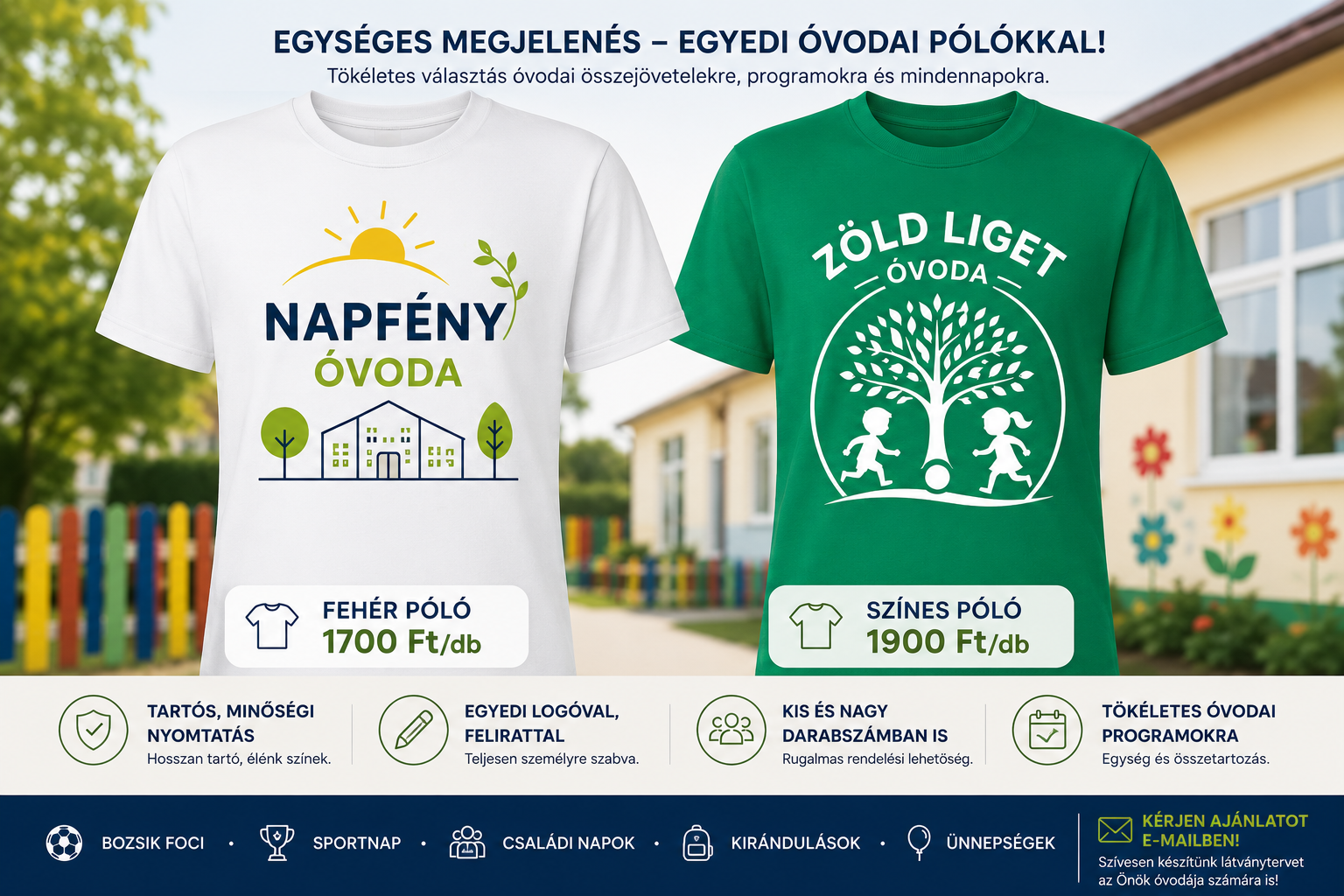 Egyedi óvodai pólók – fehér és zöld minta